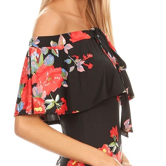 Red Floral off Shoulder Dress - Picture 4 of 6